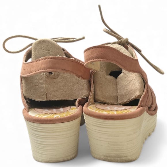 Fly London Shoes Sandals Sz 39 US 8 - 8.5 Ankle Strap Wedge Peep Toe Lace Pink - Picture 6 of 9